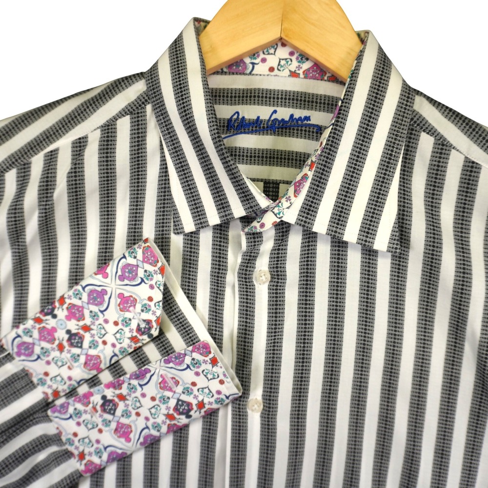 Robert Graham Button Up‎ Shirt Mens XL Black White Striped Contrast Cuff Link